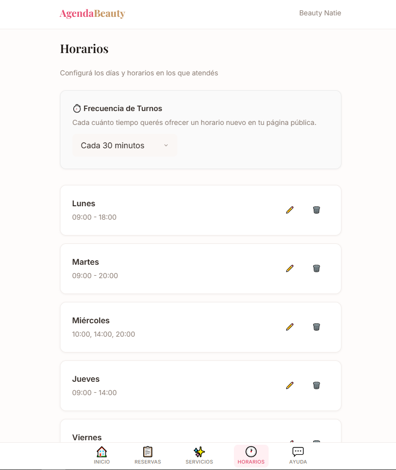 Configuración de horarios en AgendaBeauty