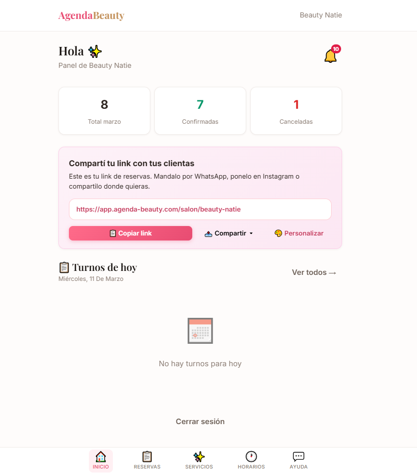 Panel de control de AgendaBeauty