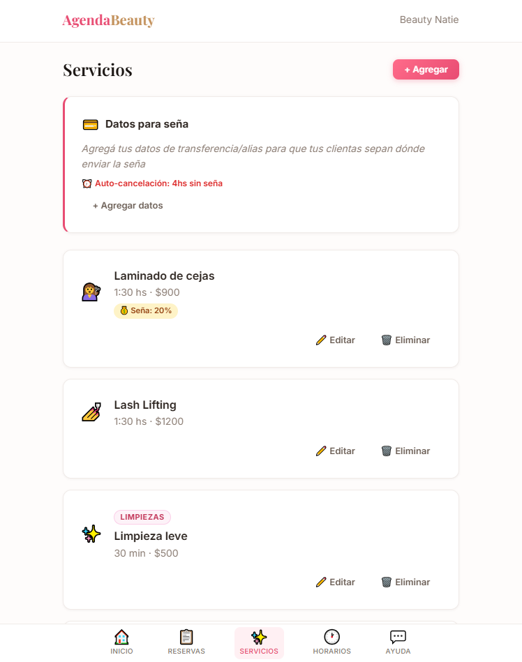 Gestión de servicios en AgendaBeauty